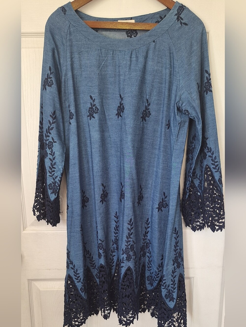 OPi Blue Embroidered Crochet Hem Tunic Dress XL